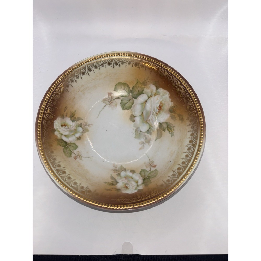 Antique P.K. Silesia Porcelain Serving Bowl Bridal Roses Gold Beaded Rim 1914-22 - Picture 12 of 14